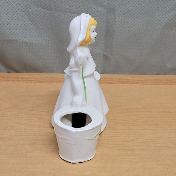 Vintage Dutch Girl Ceramic Toothpick Matchstick holder,Girl watering flower vase - Picture 5 of 13